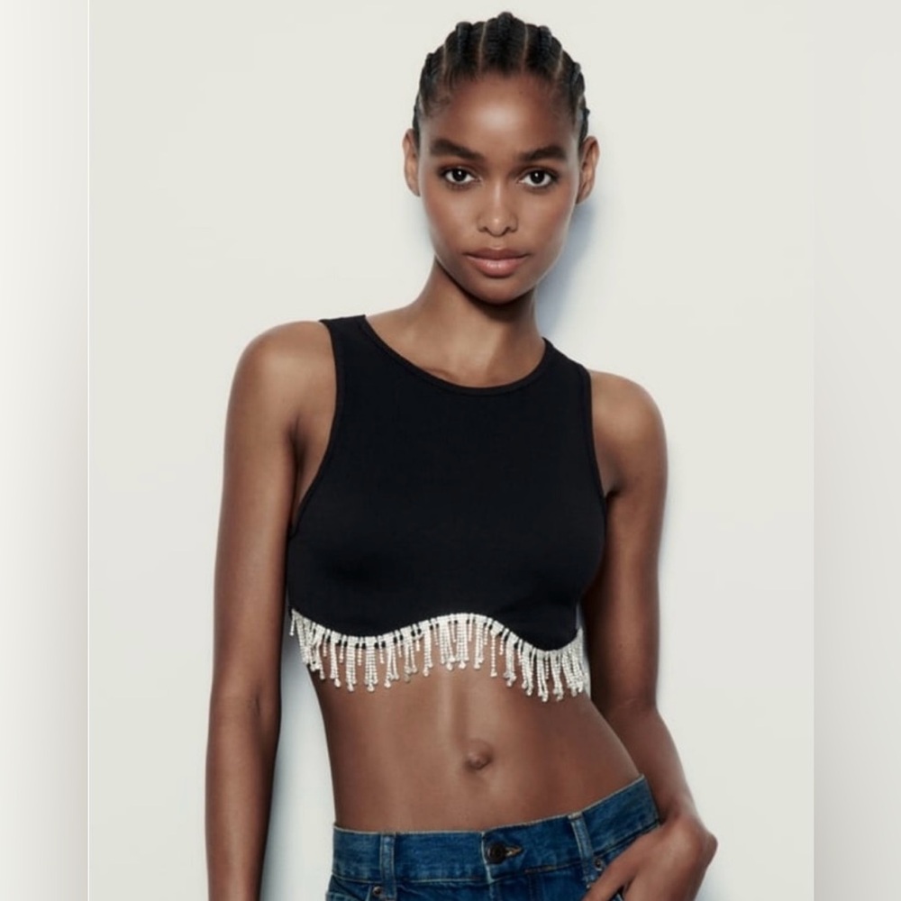 ZARA Seamless Rhinestone Fringe High Neck Sleeveless Crop Top Black Size XS/S‎